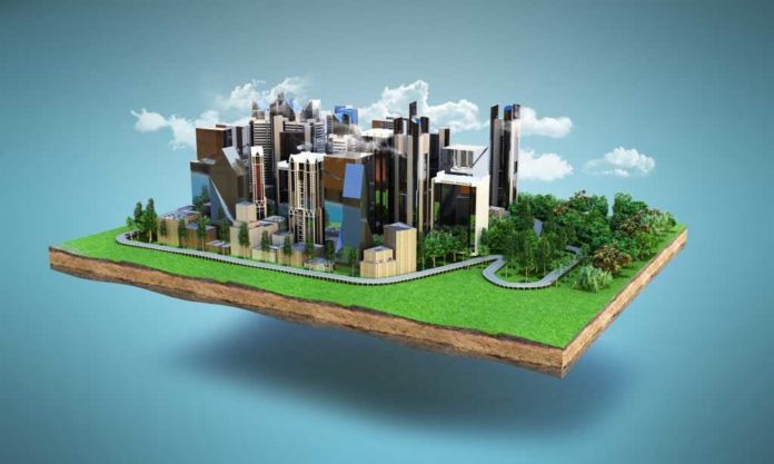 Image of a modern city surrounded by nature landscape 3d render on blue with clouds